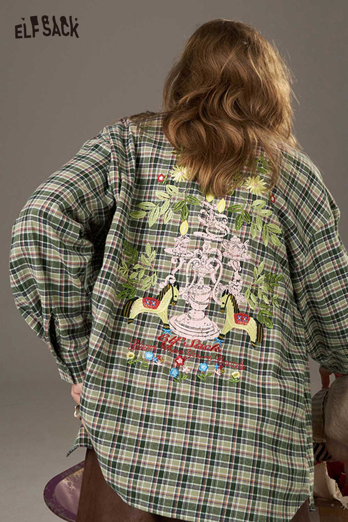 ELFSACK Soft Large Scale Print Design On The Back Plaid Shirt