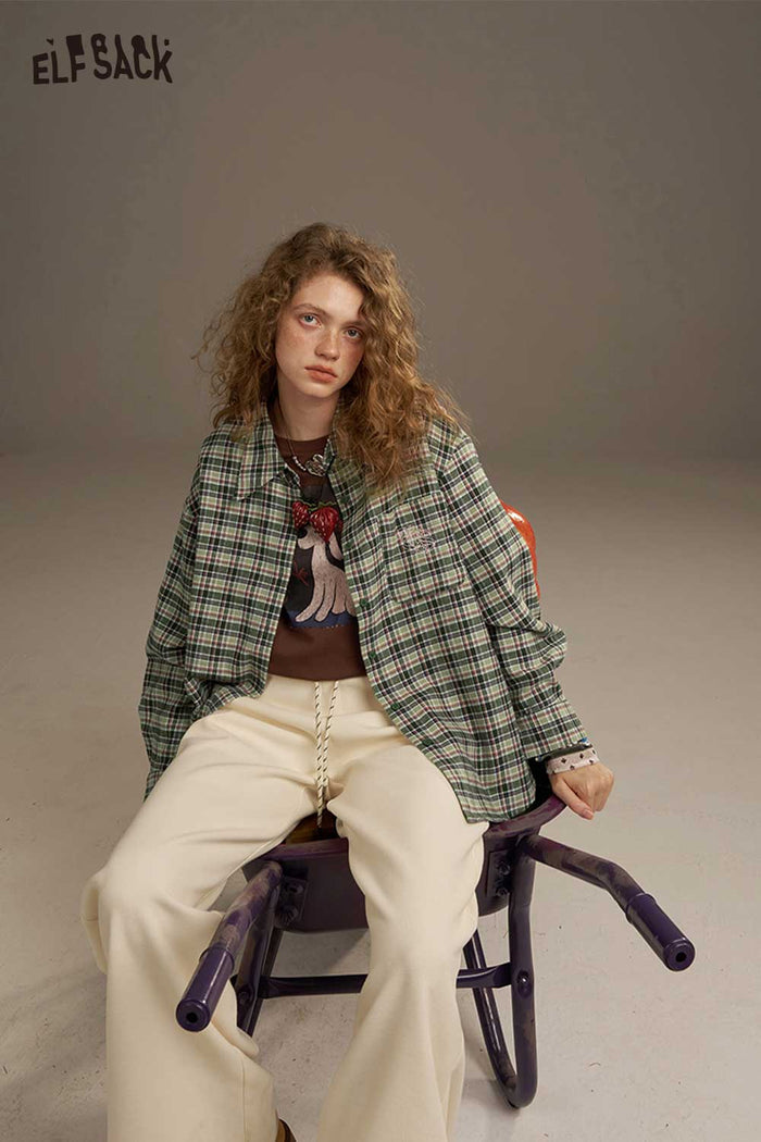 ELFSACK Soft Large Scale Print Design On The Back Plaid Shirt
