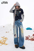 ELFSACK Soft Loose Dog Graphic Ripped Distressed Straight Floor Length Jeans