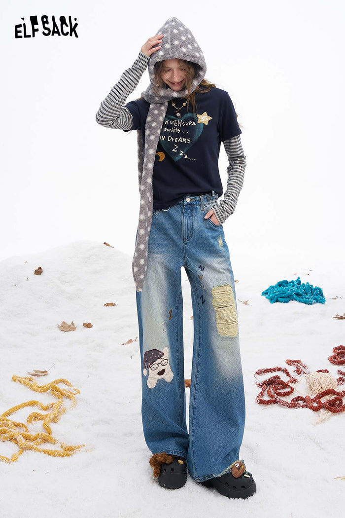 ELFSACK Soft Loose Dog Graphic Ripped Distressed Straight Floor Length Jeans