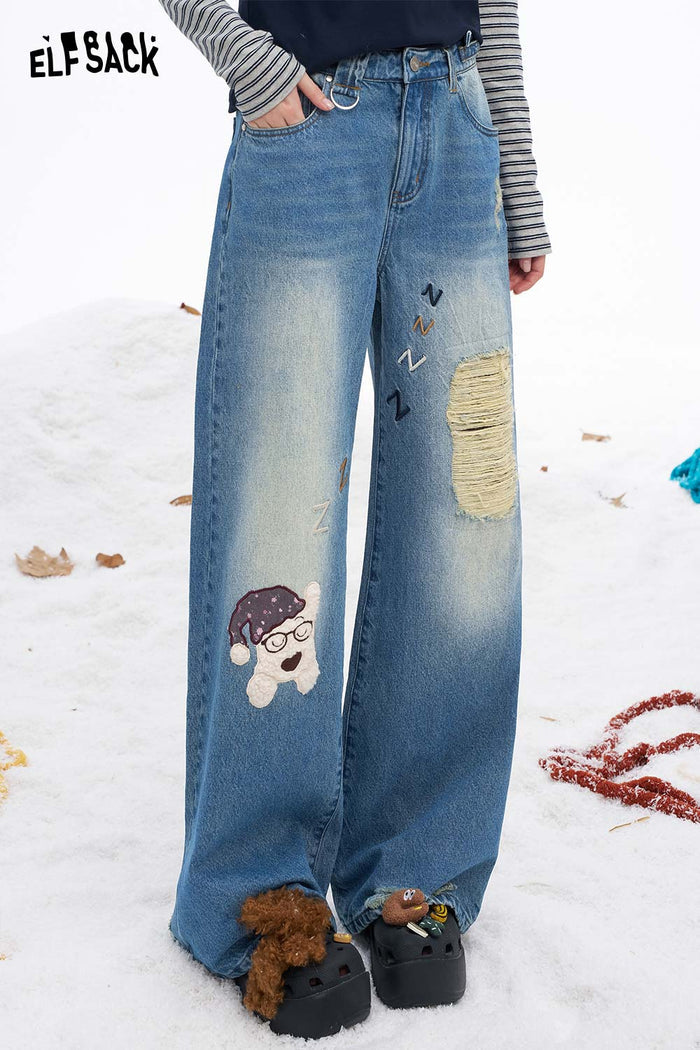 ELFSACK Soft Loose Dog Graphic Ripped Distressed Straight Floor Length Jeans