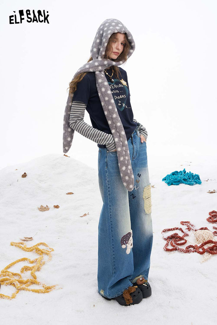 ELFSACK Soft Loose Dog Graphic Ripped Distressed Straight Floor Length Jeans