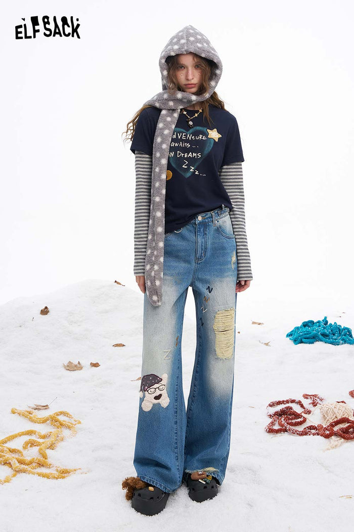 ELFSACK Soft Loose Dog Graphic Ripped Distressed Straight Floor Length Jeans