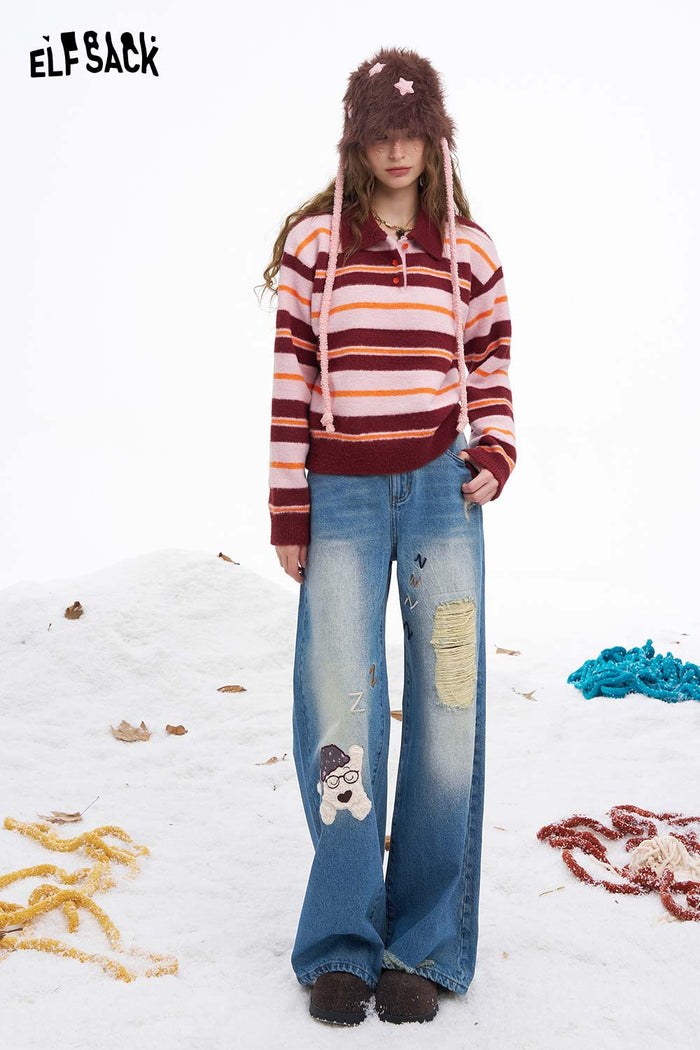 ELFSACK Soft Loose Dog Graphic Ripped Distressed Straight Floor Length Jeans
