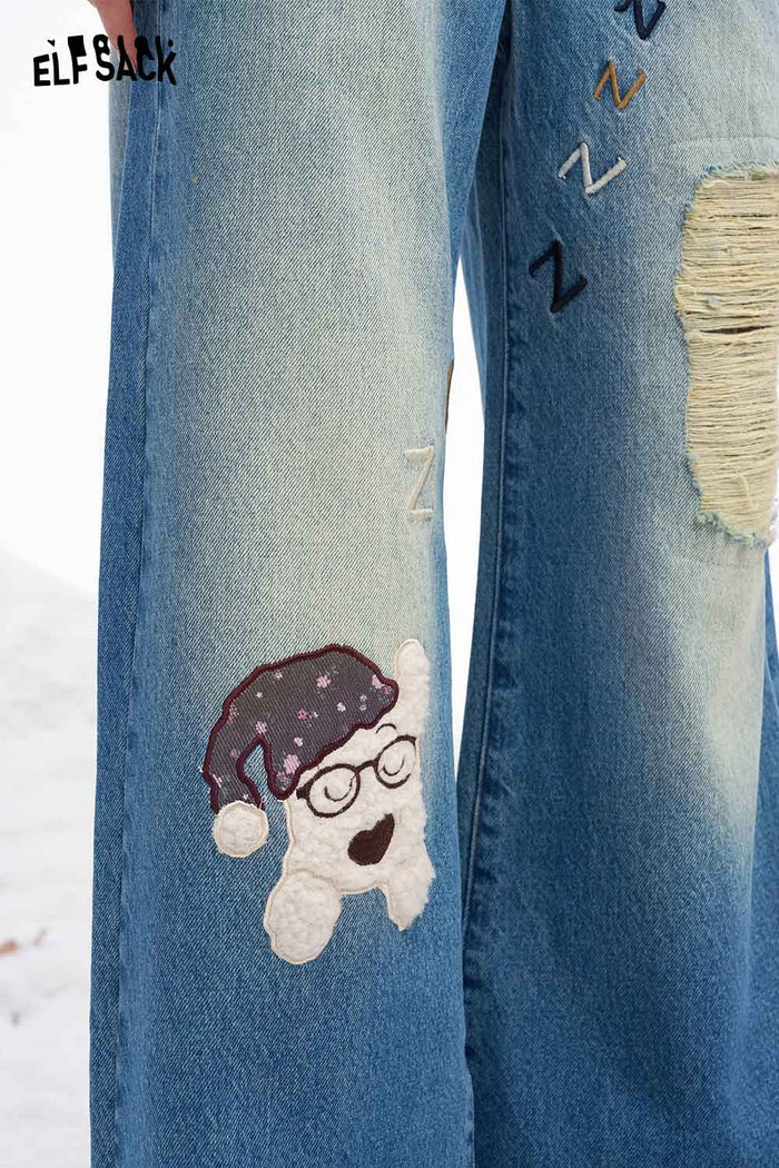 ELFSACK Soft Loose Dog Graphic Ripped Distressed Straight Floor Length Jeans