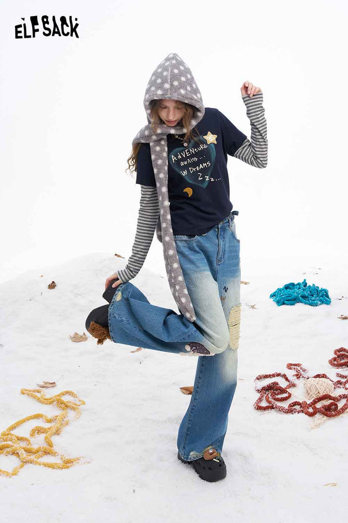 ELFSACK Soft Loose Dog Graphic Ripped Distressed Straight Floor Length Jeans