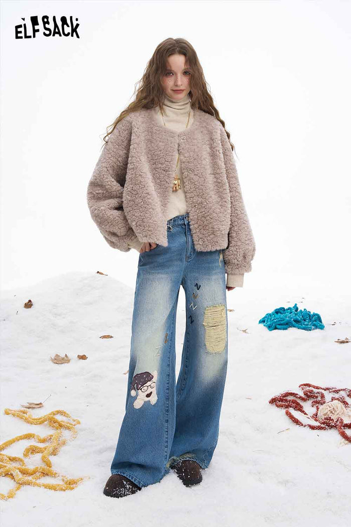 ELFSACK Soft Loose Dog Graphic Ripped Distressed Straight Floor Length Jeans