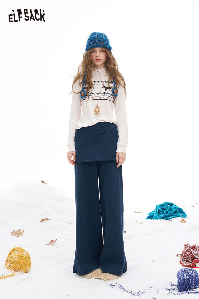 ELFSACK Soft Loose Fake Two Piece Straight Floor Length Pants