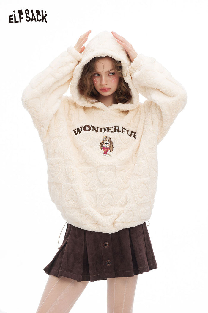 ELFSACK Soft Loose Heart Plush Solid Letter Dog Graphic Hooded Sweatshirt