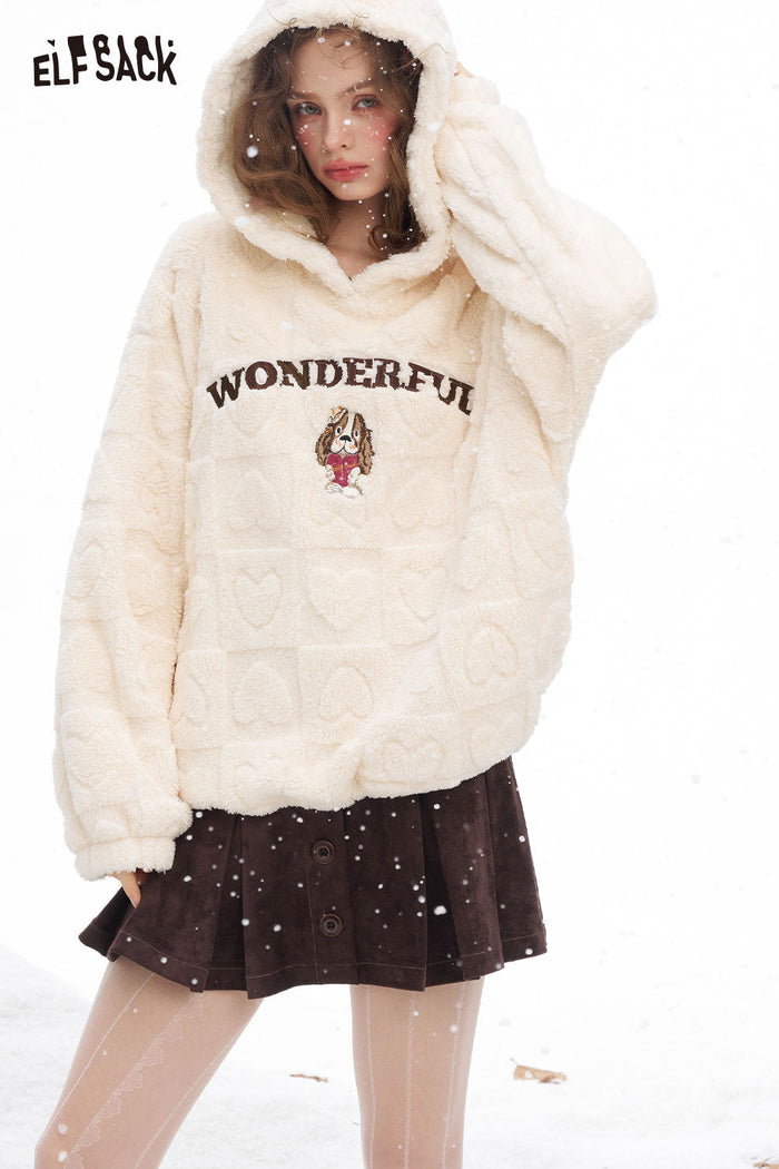 ELFSACK Soft Loose Heart Plush Solid Letter Dog Graphic Hooded Sweatshirt