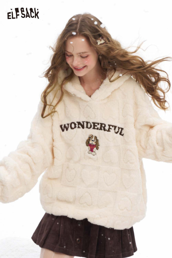 ELFSACK Soft Loose Heart Plush Solid Letter Dog Graphic Hooded Sweatshirt