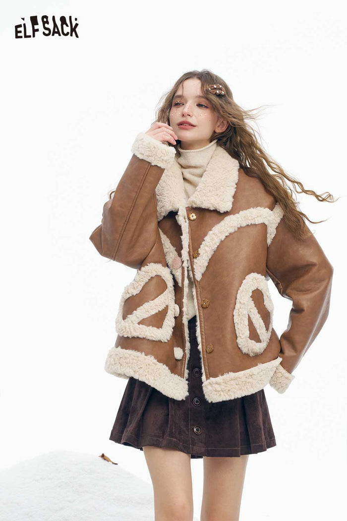 ELFSACK Soft Loose Plush Lapel 3D Heart Pocket Solid Coat