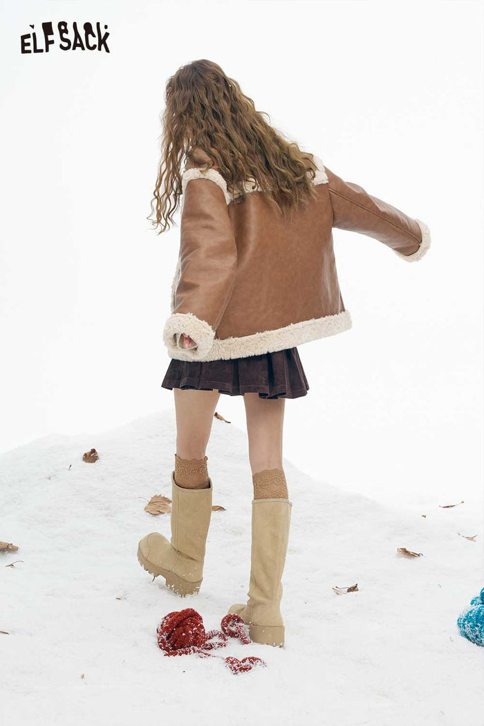 ELFSACK Soft Loose Plush Lapel 3D Heart Pocket Solid Coat