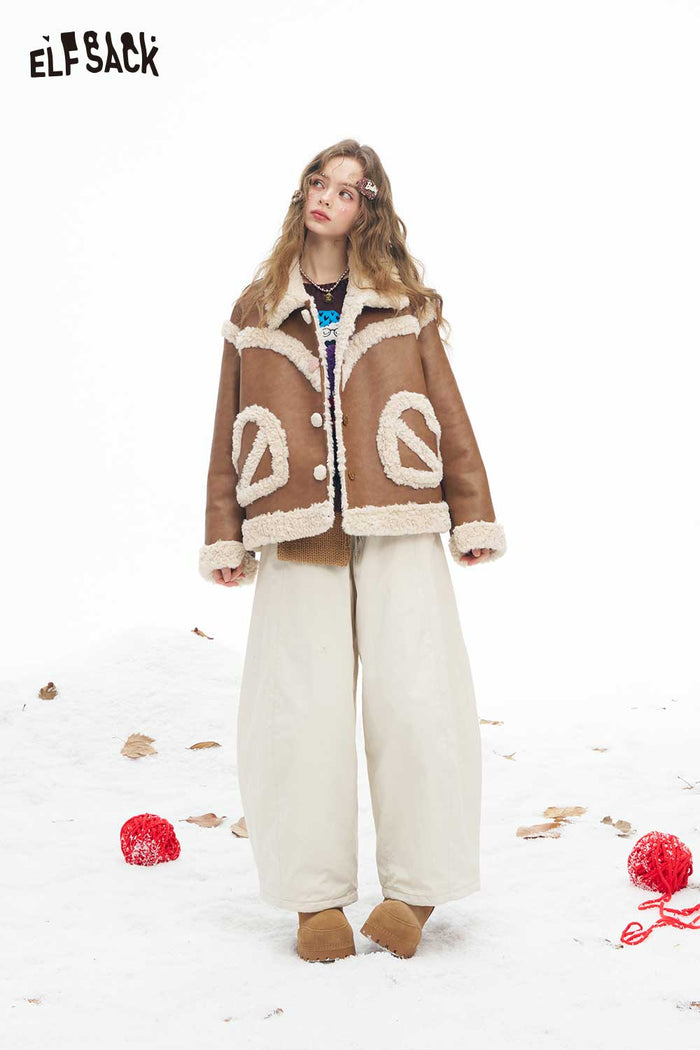 ELFSACK Soft Loose Plush Lapel 3D Heart Pocket Solid Coat