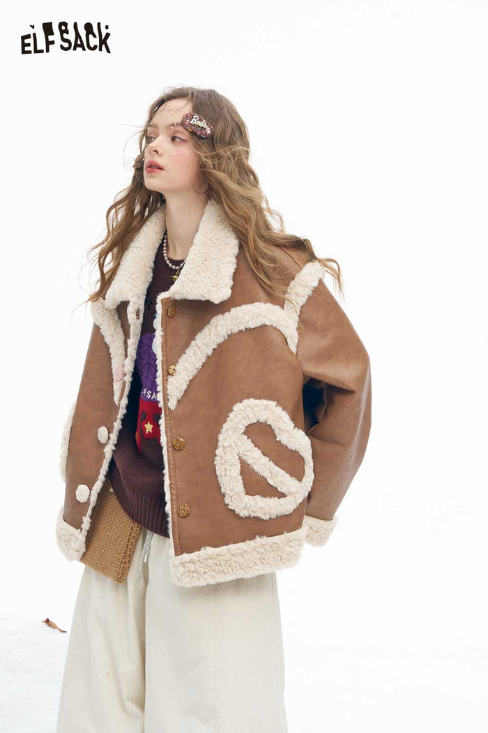 ELFSACK Soft Loose Plush Lapel 3D Heart Pocket Solid Coat