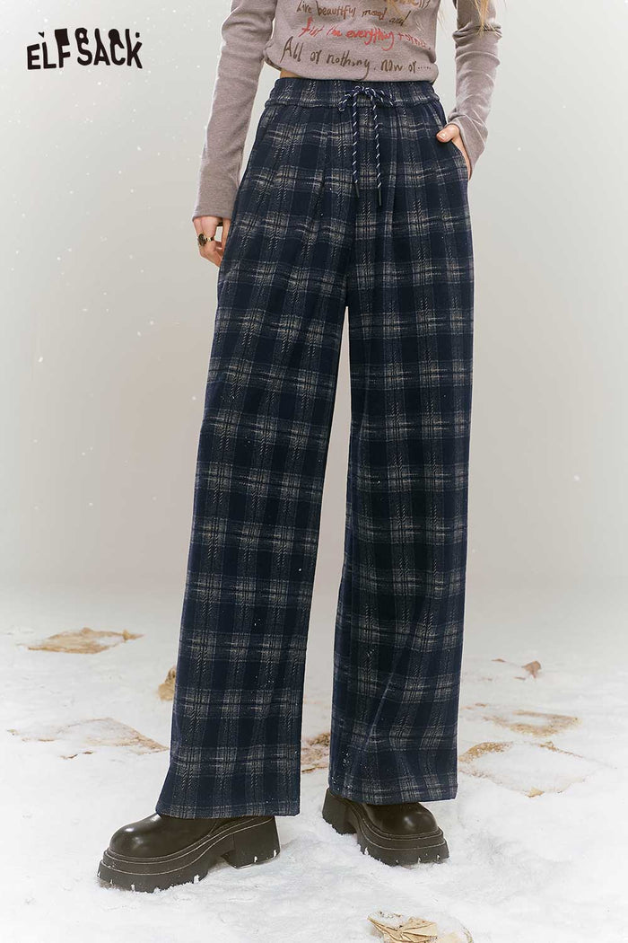ELFSACK Soft Mallard Plaid Wide Leg Loose Slimming Straight Pants