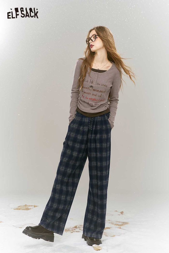 ELFSACK Soft Mallard Plaid Wide Leg Loose Slimming Straight Pants