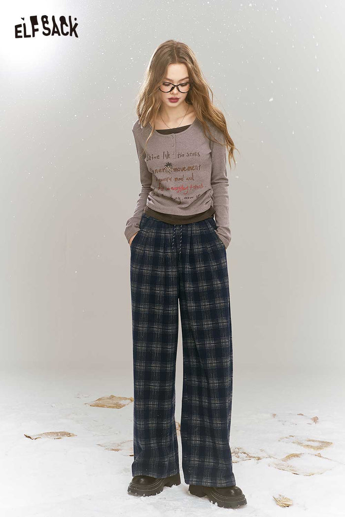 ELFSACK Soft Mallard Plaid Wide Leg Loose Slimming Straight Pants
