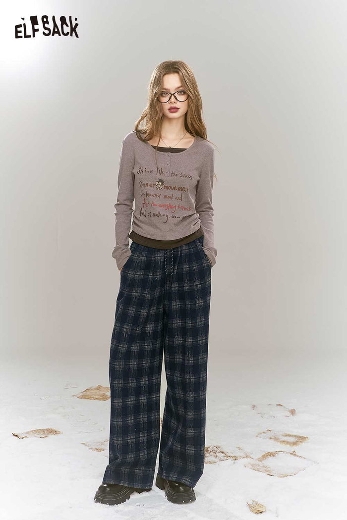ELFSACK Soft Mallard Plaid Wide Leg Loose Slimming Straight Pants