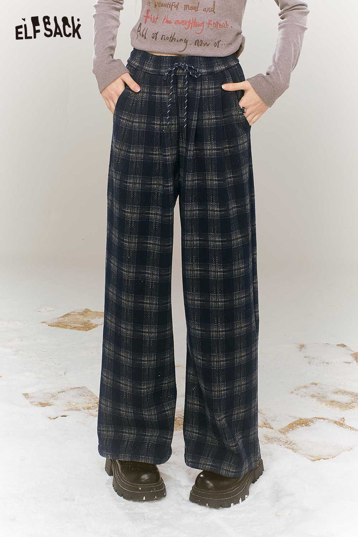 ELFSACK Soft Mallard Plaid Wide Leg Loose Slimming Straight Pants
