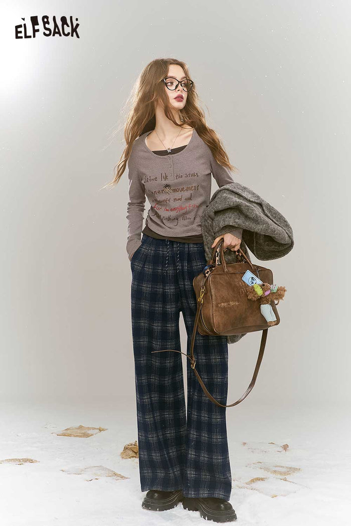ELFSACK Soft Mallard Plaid Wide Leg Loose Slimming Straight Pants