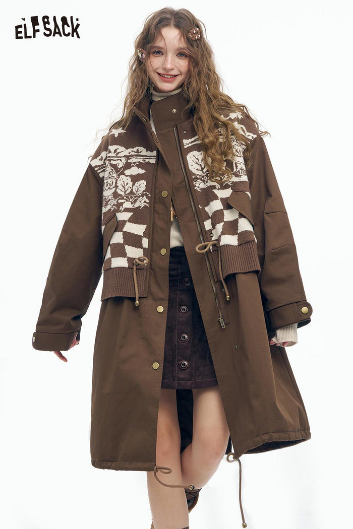 ELFSACK Soft Minimalist Classic Knit Stripe Trim Solid Long Coat