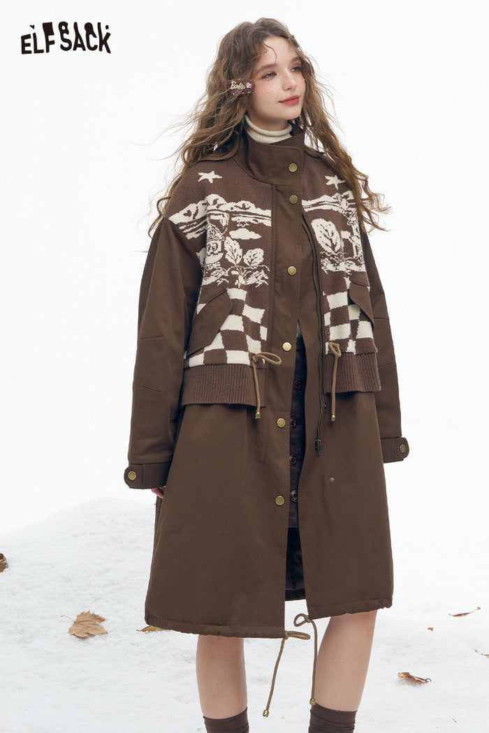 ELFSACK Soft Minimalist Classic Knit Stripe Trim Solid Long Coat