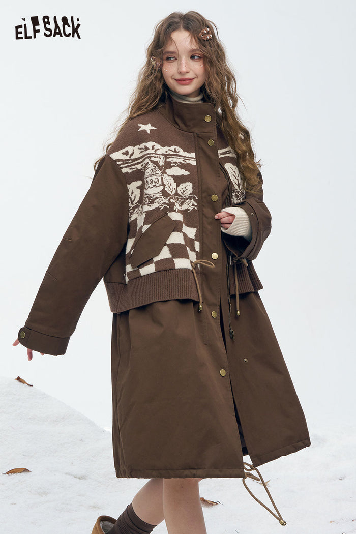 ELFSACK Soft Minimalist Classic Knit Stripe Trim Solid Long Coat