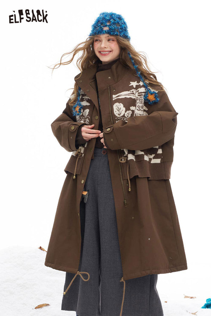 ELFSACK Soft Minimalist Classic Knit Stripe Trim Solid Long Coat