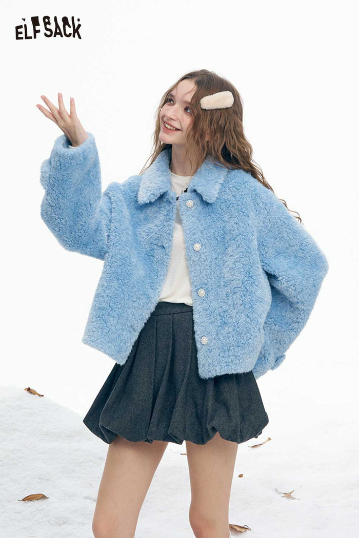 ELFSACK Soft Minimalist Refined Single Breasted Stand Collar Solid Plush Coat