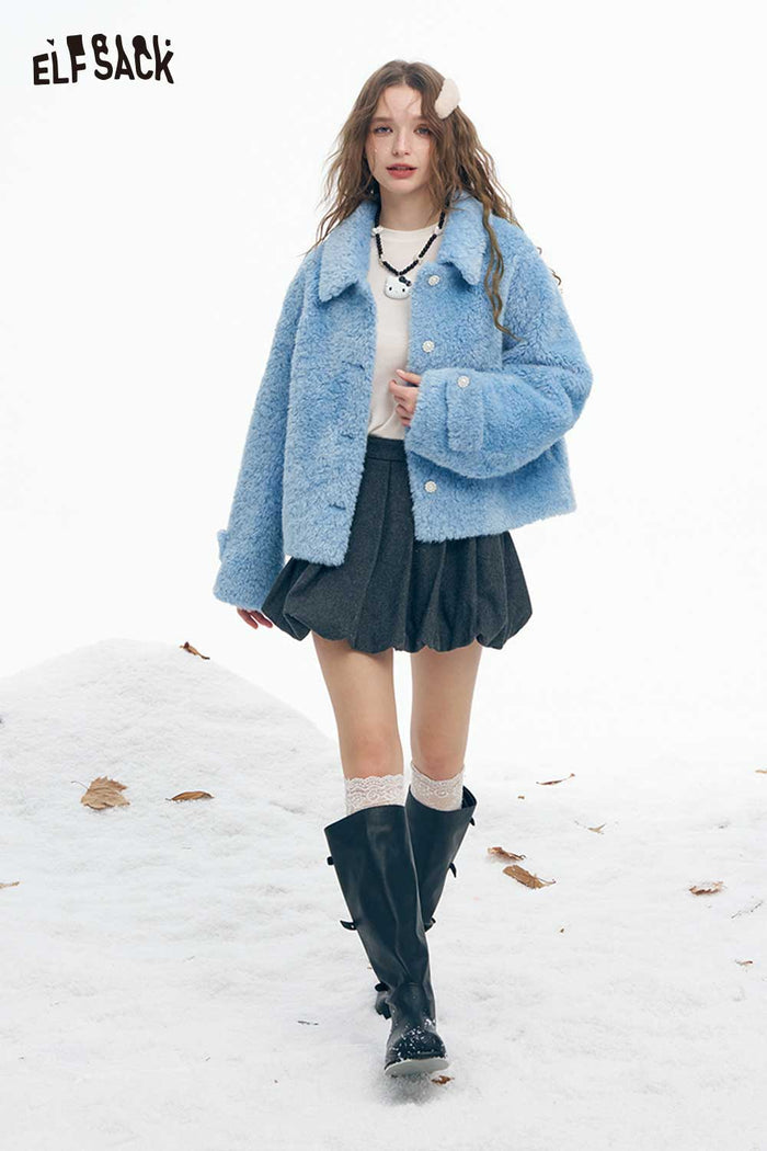 ELFSACK Soft Minimalist Refined Single Breasted Stand Collar Solid Plush Coat