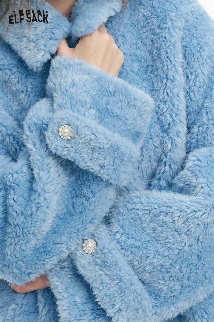ELFSACK Soft Minimalist Refined Single Breasted Stand Collar Solid Plush Coat
