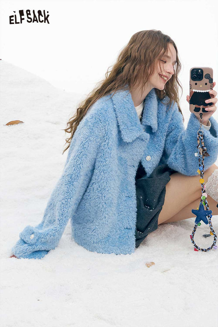 ELFSACK Soft Minimalist Refined Single Breasted Stand Collar Solid Plush Coat