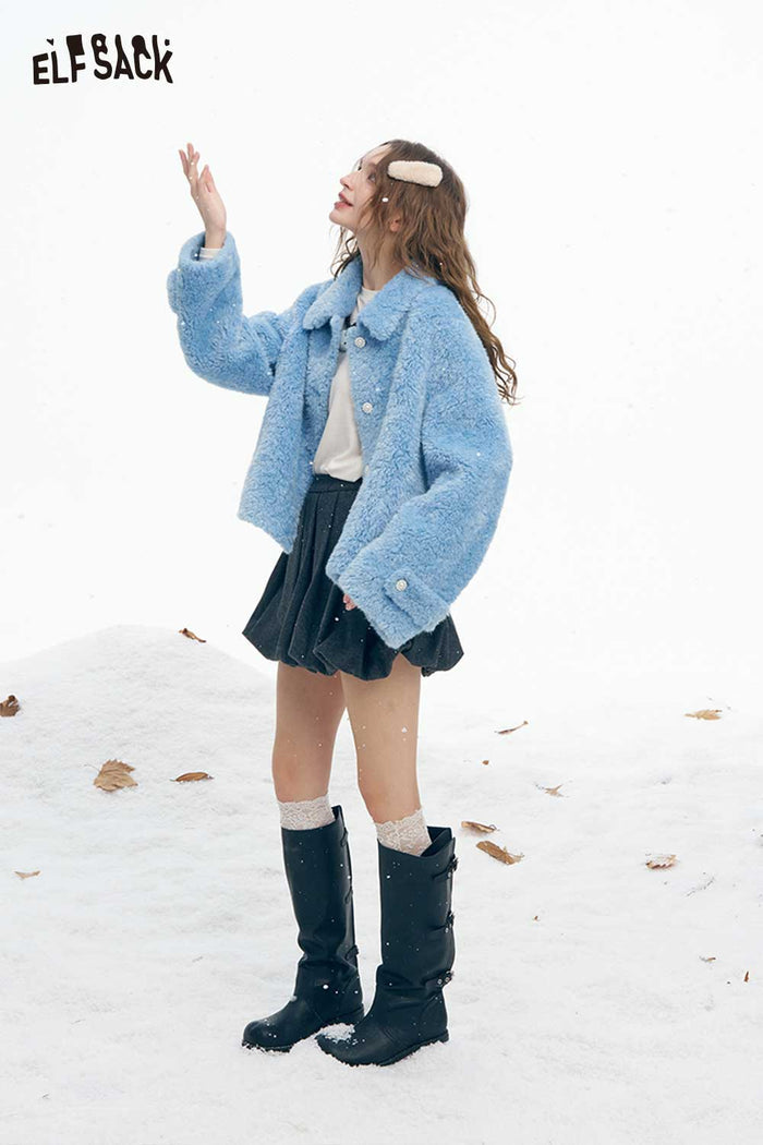 ELFSACK Soft Minimalist Refined Single Breasted Stand Collar Solid Plush Coat