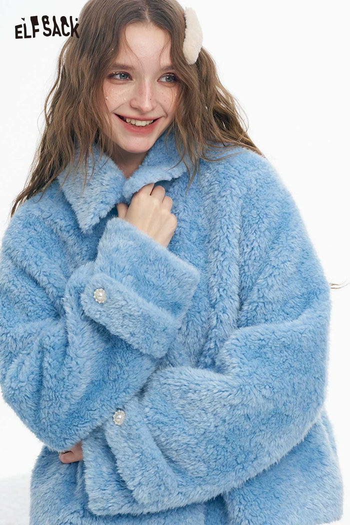 ELFSACK Soft Minimalist Refined Single Breasted Stand Collar Solid Plush Coat