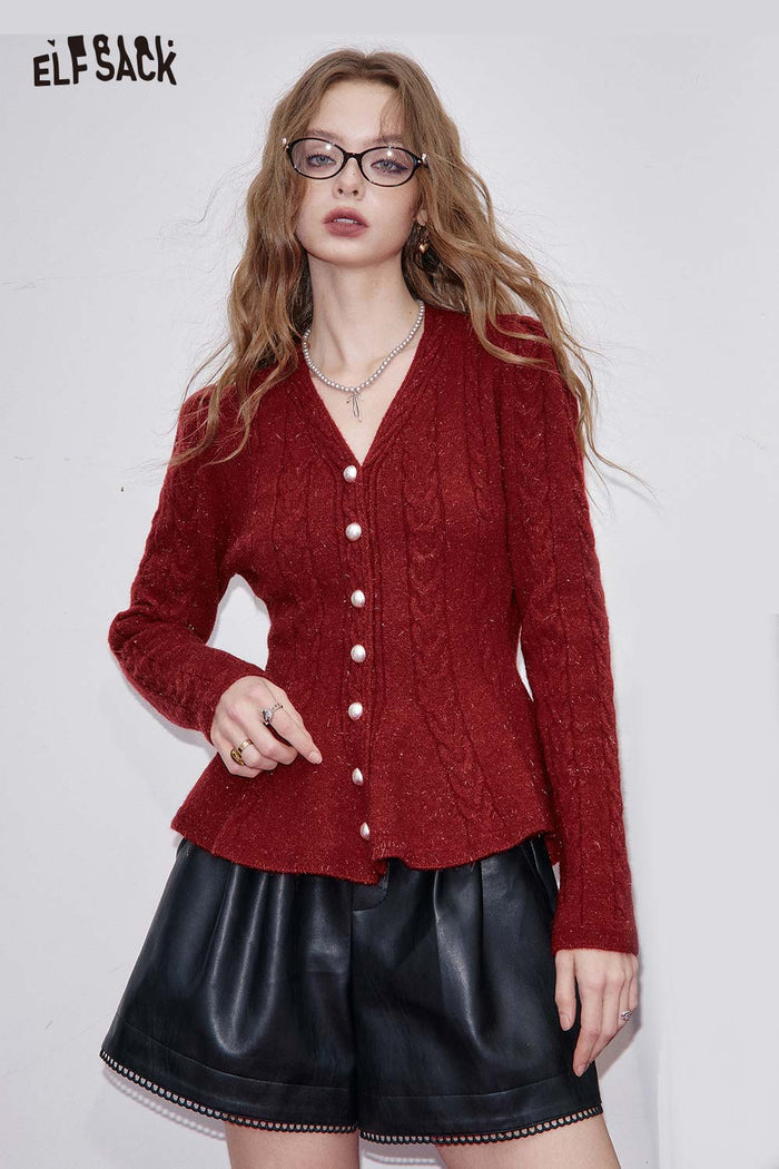 ELFSACK Soft Multi Color Butto-front Peplum Knit Sweater