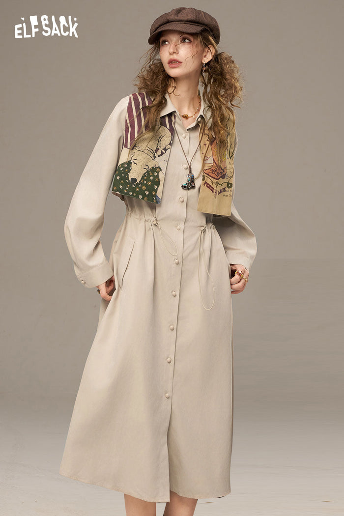 ELFSACK Soft Multiple Buttons Waist Drawstring Long Dress