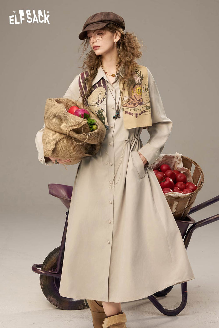 ELFSACK Soft Multiple Buttons Waist Drawstring Long Dress