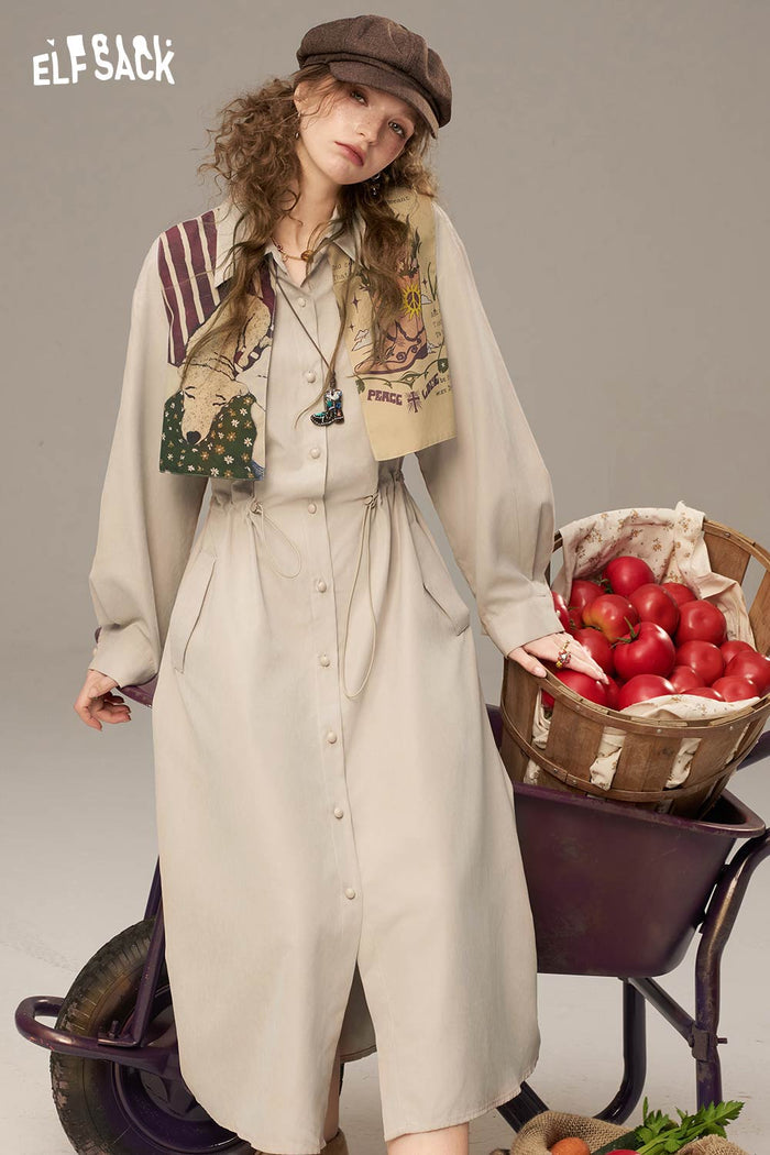 ELFSACK Soft Multiple Buttons Waist Drawstring Long Dress