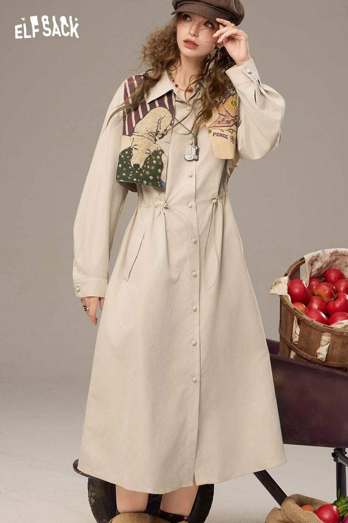 ELFSACK Soft Multiple Buttons Waist Drawstring Long Dress