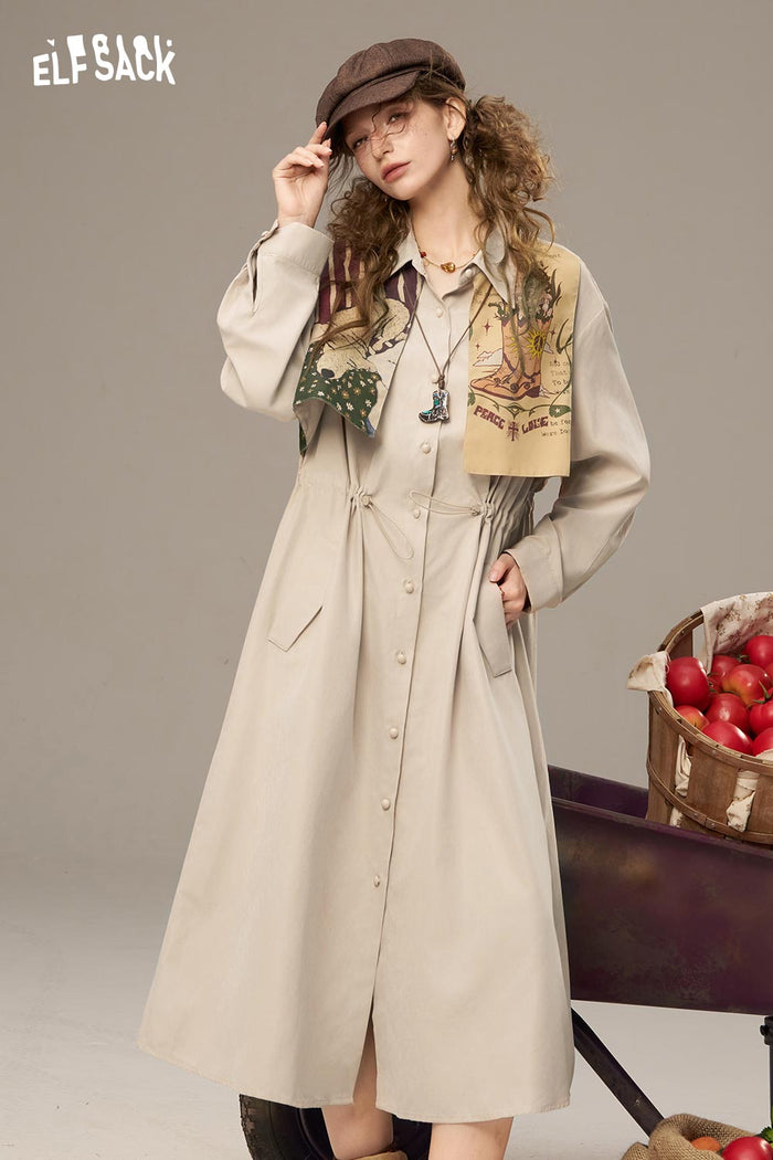 ELFSACK Soft Multiple Buttons Waist Drawstring Long Dress