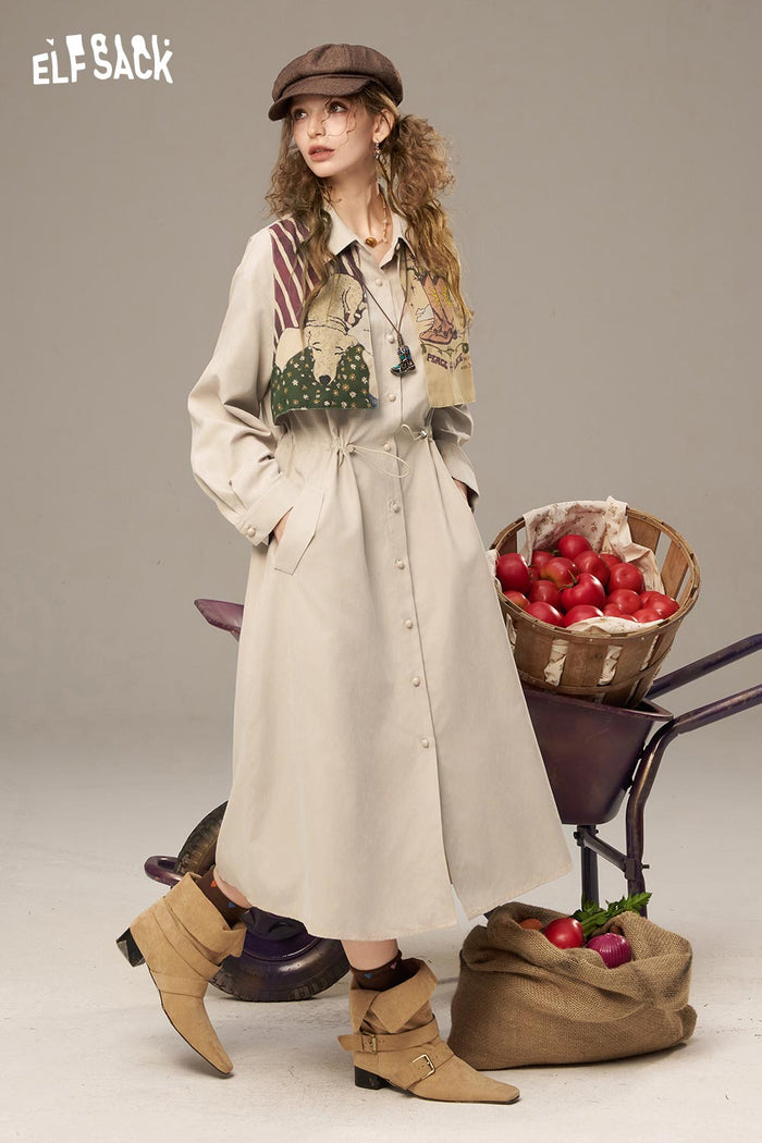 ELFSACK Soft Multiple Buttons Waist Drawstring Long Dress