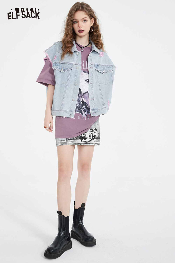 ELFSACK Soft Petite Denim High Waist Loose A-Line Skirt