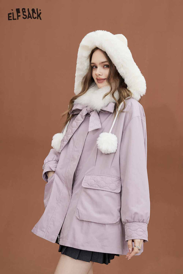 ELFSACK Soft Petite Detachable Fur Collar Pink Cotton Coat