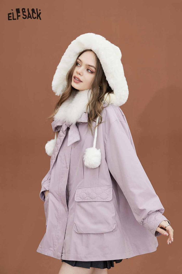 ELFSACK Soft Petite Detachable Fur Collar Pink Cotton Coat