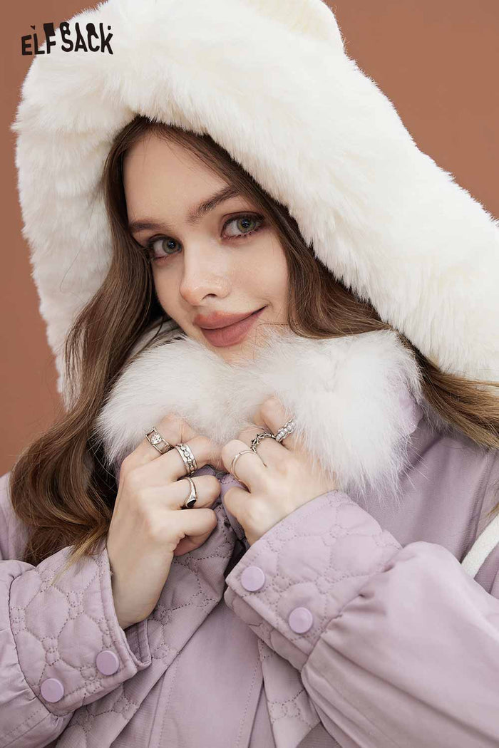 ELFSACK Soft Petite Detachable Fur Collar Pink Cotton Coat