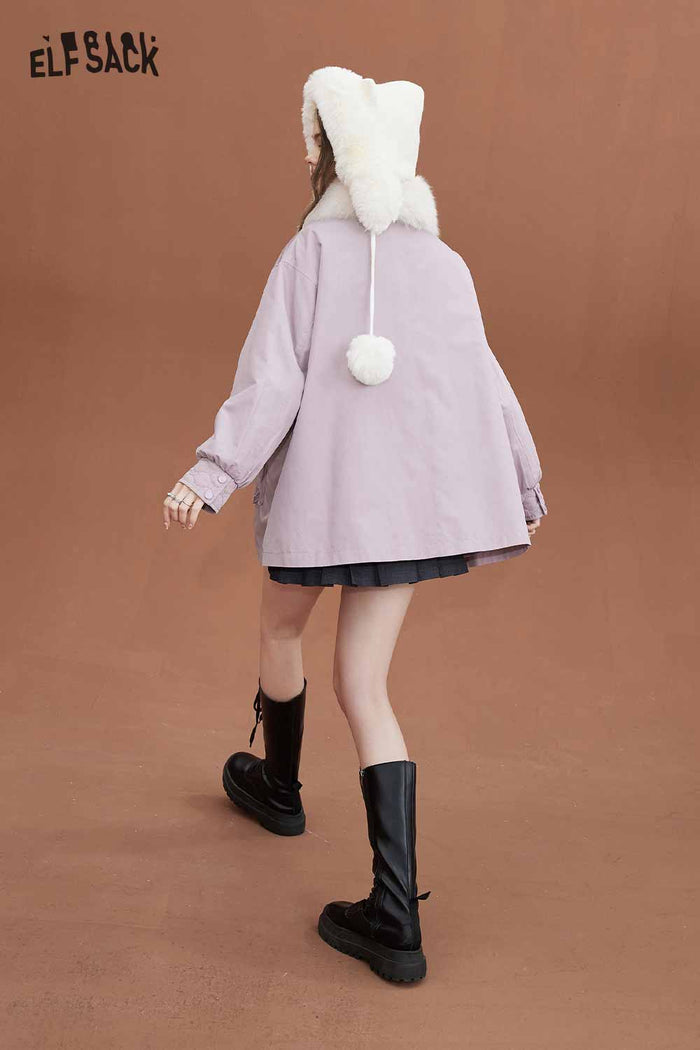 ELFSACK Soft Petite Detachable Fur Collar Pink Cotton Coat