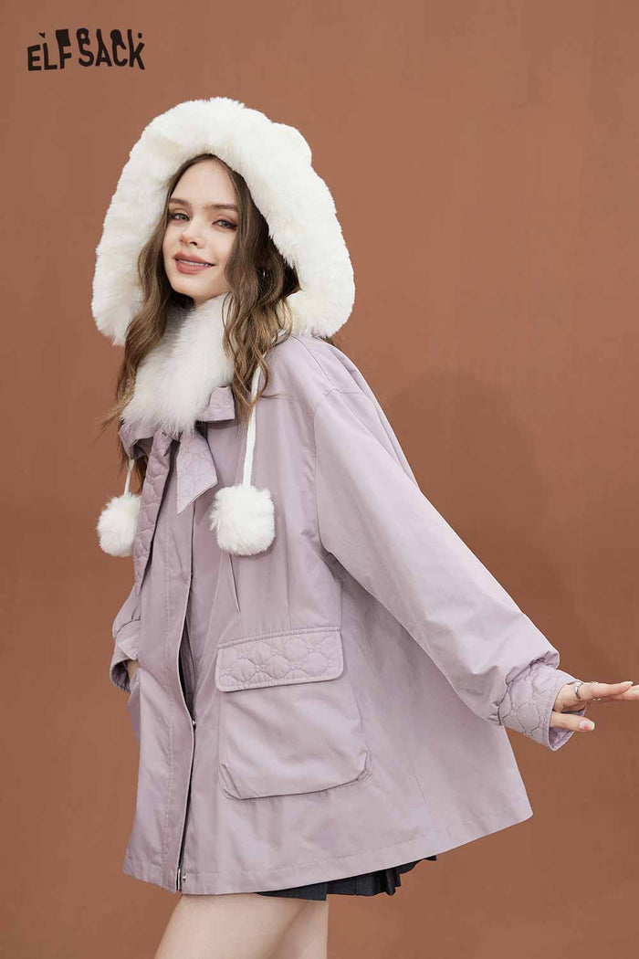 ELFSACK Soft Petite Detachable Fur Collar Pink Cotton Coat