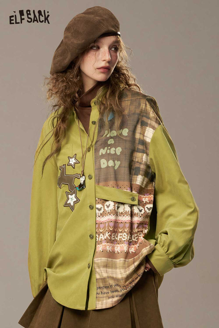 ELFSACK Soft Piecemeal Design Large Area Print Lantern Sleeves Collared Shirt