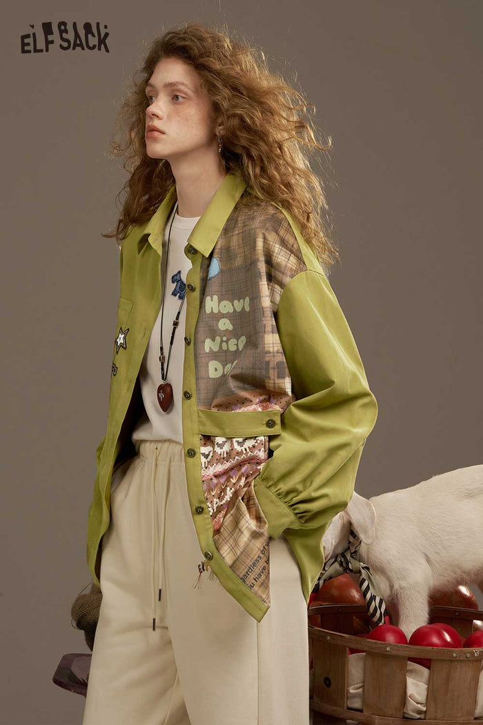 ELFSACK Soft Piecemeal Design Large Area Print Lantern Sleeves Collared Shirt